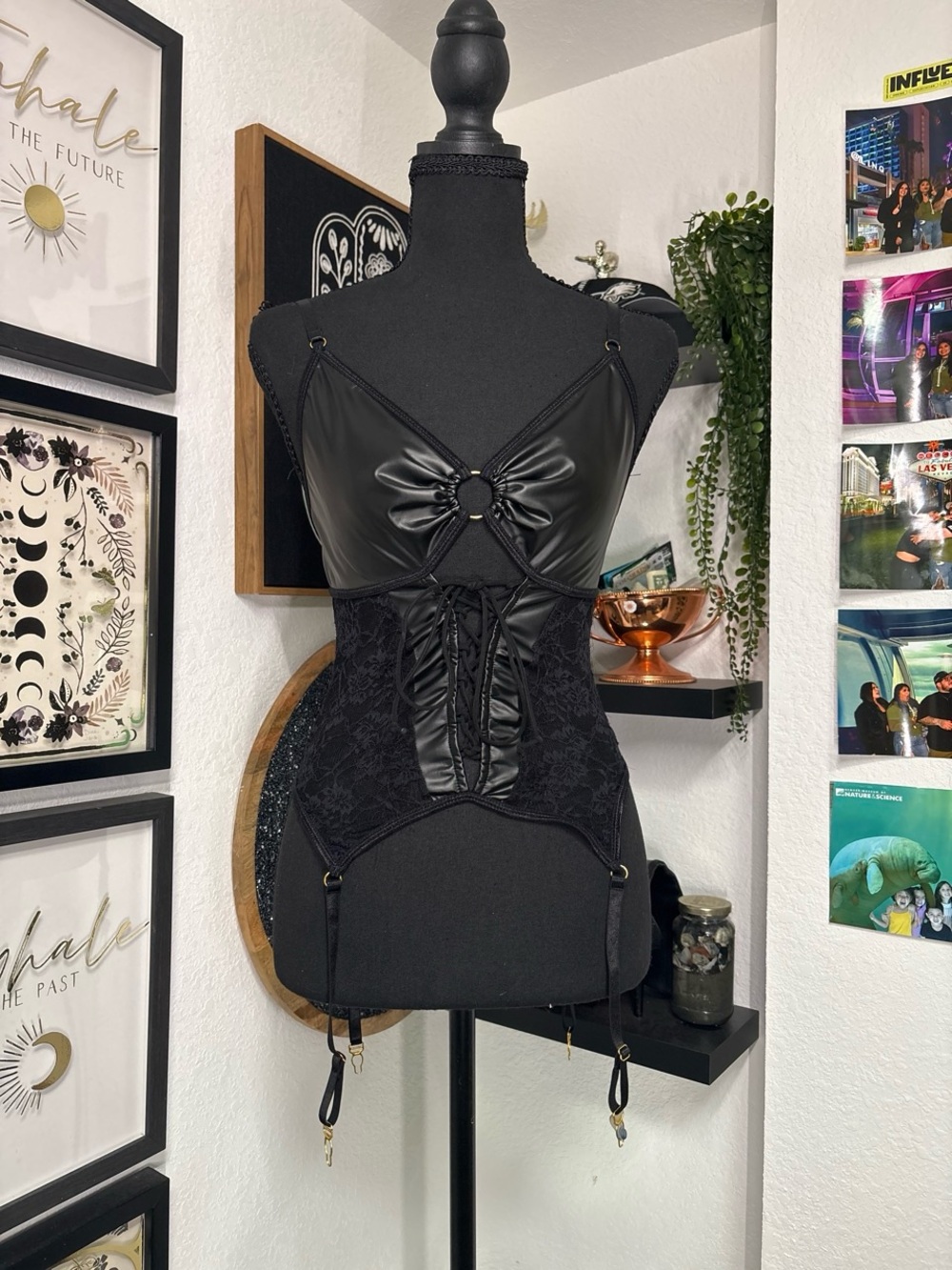Black Faux Leather Lace Goth Corset Lingerie Medium Grunge Festival Size Medium